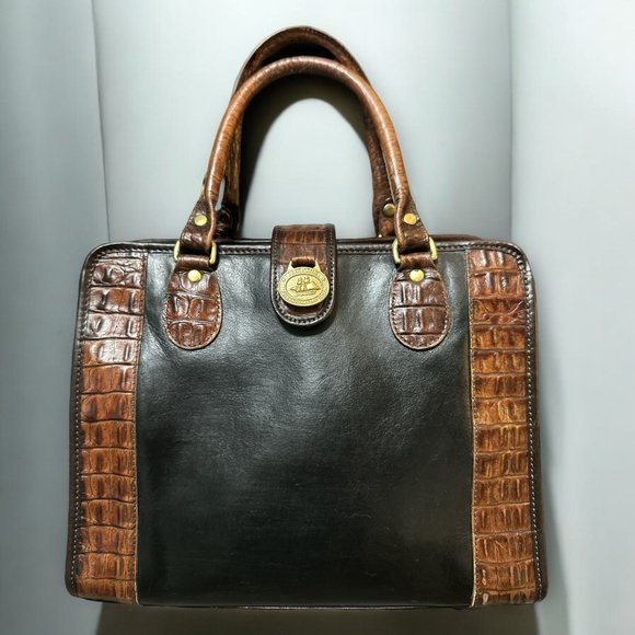 VTG Brahmin Purse Black Leather Pecan Croc Tuscan Too Satchel Convert Crossbody - Picture 11 of 11